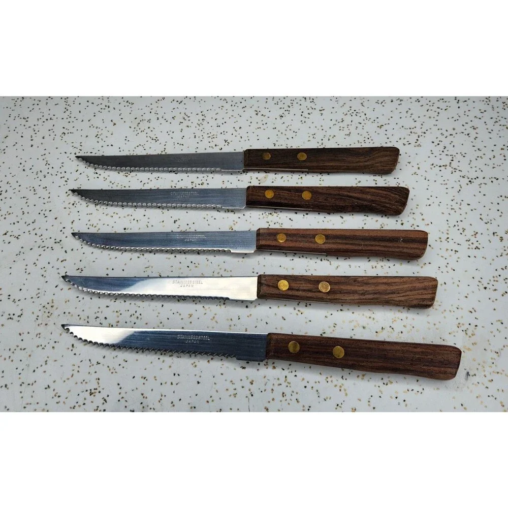 Vintage Stainless Serrated Steak Knives Wood Handle Japan 8